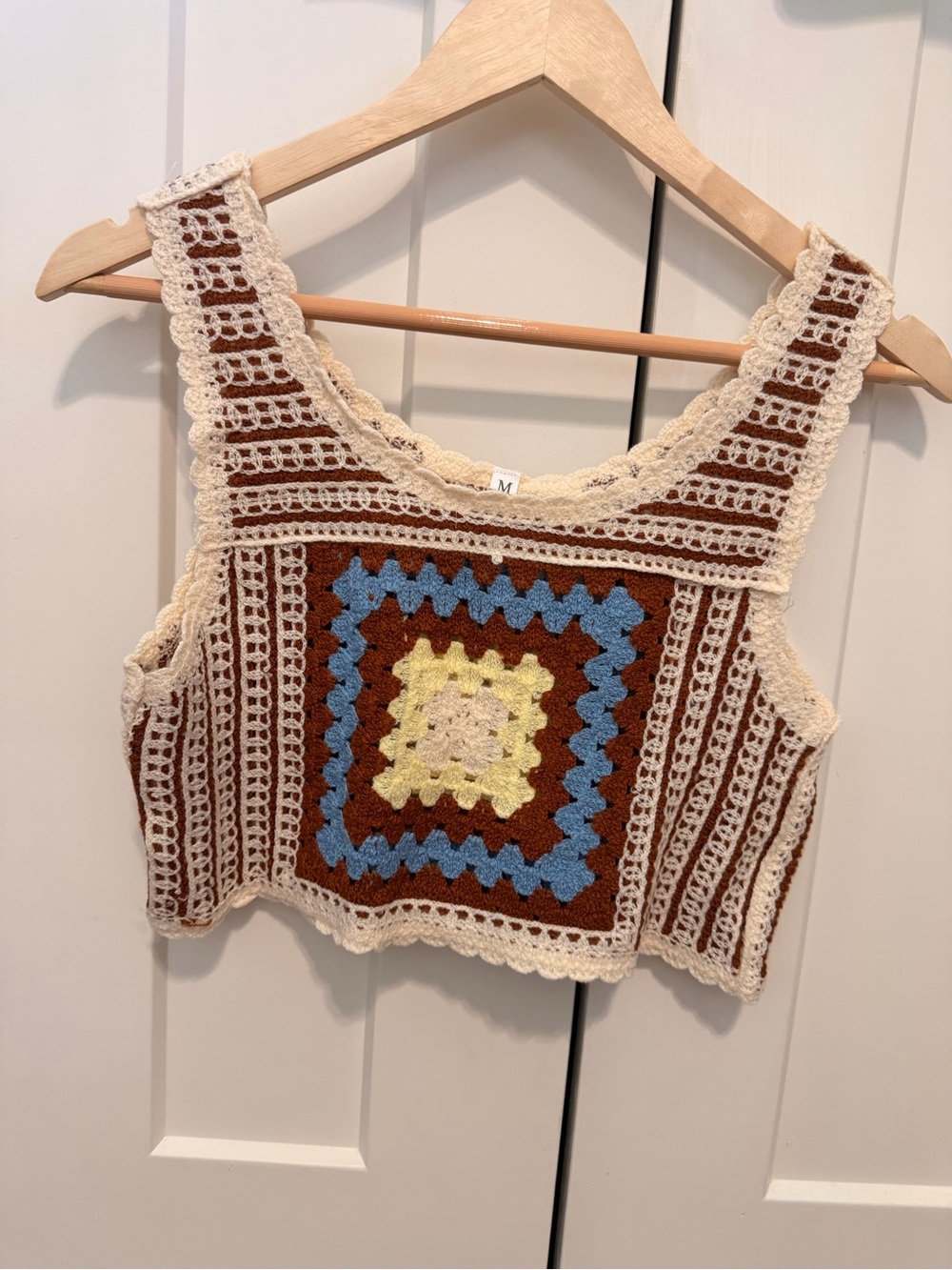 Crochet Square-Front Tank Top - Cream & Brown